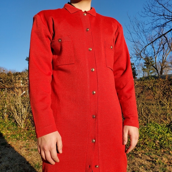 1980s Vintage Red Long-Sleeve Button-Up Dress by Horchow - Picture 3 of 4